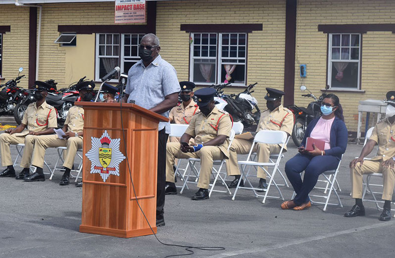 Minister of Home Affairs, Robeson Benn, addressing fire officers at the Brickdam Police Station  (Guyana Fire Service Photo) 
