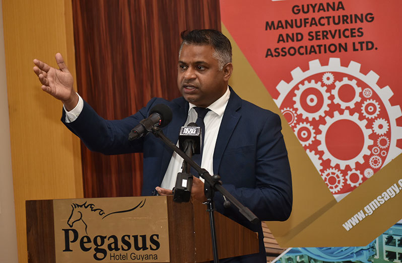 Minister within the Ministry of Public Works, Deodat Indar addressing the GMSA’s business luncheon at the Pegasus Hotel on Friday (Elvin Croker photos)