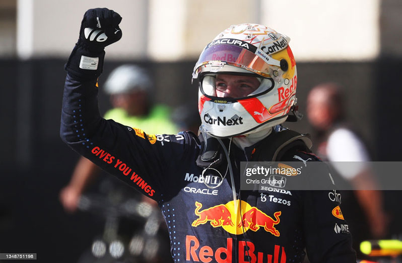 Race winner Max Verstappen of Netherlands and Red Bull Racing celebrates with Red Bull Racing Team Consultant Dr Helmut Marko in parc ferme during the F1 Grand Prix of USA at Circuit of The Americas on October 24, 2021 in Austin, Texas. (Photo by Chris Graythen/Getty Images)