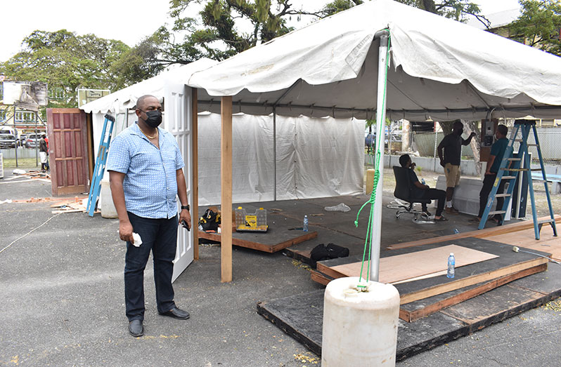 Commander of Police Division 4 'A', Assistant Commissioner, Simon McBean at the St. Stanislaus College on Sunday overlooking operations as the facility was being retrofitted to temporarily house the services of the Brickdam Police Station (Elvin Croker photo)