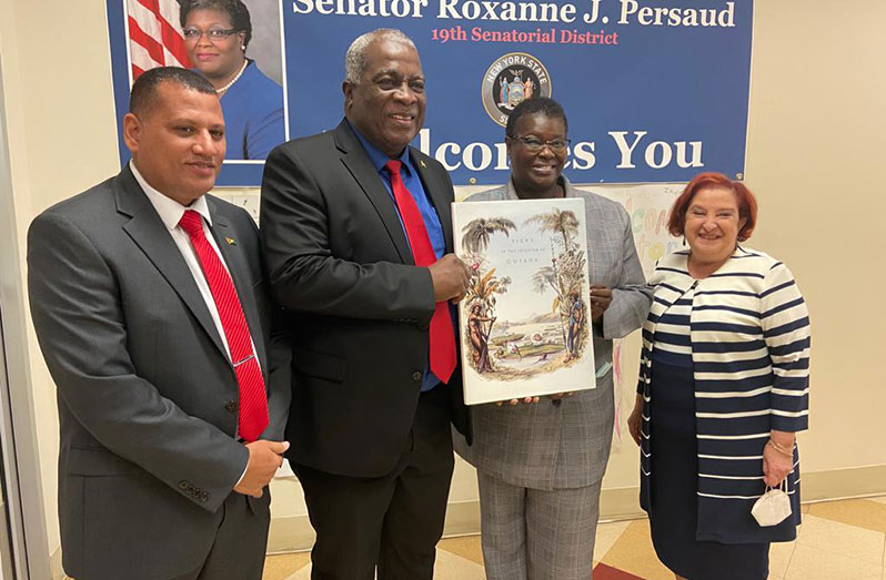 Prime Minister, Mark Phillips; Minister of Parliamentary Affairs and Governance, Gail Teixeira and Housing and Water Minister, Collin Croal, on Tuesday, met with New York State Senator, Roxanne Persaud, a Guyanese-American, in Brooklyn, New York. The Prime Minister and the two ministers were honoured by the Senator with citations and a proclamation