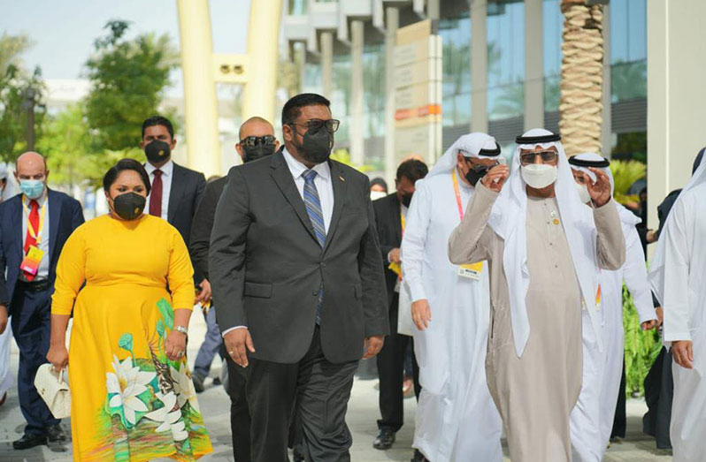 President Dr. Irfaan Ali (centre); United Arab Emirates Minister, Sheikh Nahyan bin Mubarak Al Nahyan (right); and First Lady Arya Ali (left) at the Guyana National Day event at EXPO 2020 Dubai (Office of the President photo)