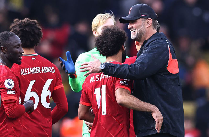 Liverpool manager Juergen Klopp with Mohamed Salah after the match (Action Images via Reuters/David Klein)