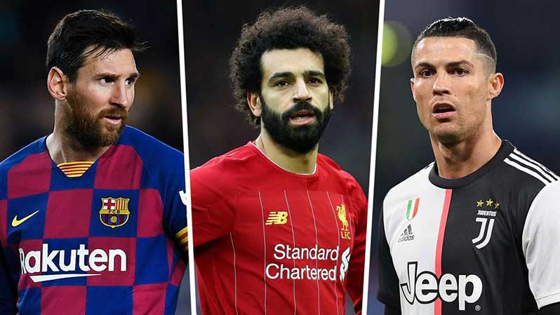 From left: Lionel Messi, Moahmed Salah and  Cristiano Ronaldo