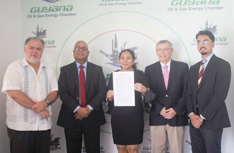 From left to right: Charge D'affaires at the Embassy of Mexico, Antonio Cruz; President of GOGEC, Manniram Prashad; the University of Guyana’s Vice-Chancellor, XI, Professor, Paloma Mohamed-Martin; CBMEX Milton board member, E. Chaves; and Director of the Institute of Energy, UG, Alex Armogan