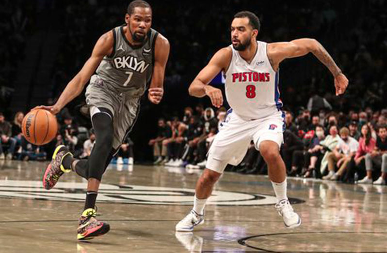 (Brooklyn, New York, USA) Brooklyn Nets forward, Kevin Durant (7) drives past Detroit Pistons forward Trey Lyles (8) in the third quarter at Barclays Center. Mandatory Credit: Wendell Cruz-USA TODAY Sports