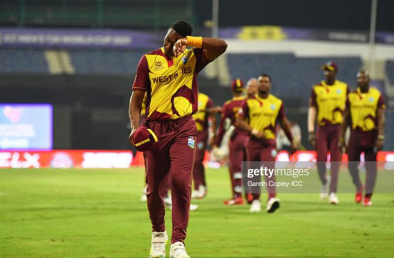 Dwayne Bravo of West Indies reacts as they leave the field during the ICC Men's T20 World Cup match between West Indies and Sri Lanka at Sheikh Zayed stadium yesterday in Abu Dhabi, United Arab Emirates (Photo by Gareth Copley-ICC/ICC via Getty Images)