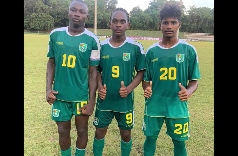 STRIKE FORCE! (L-R) – Omari Glasgow, Deron Niles and Ravi Coates scored in Guyana’s 5 – 1 win over the USVI at the CONCACAF U-20 Championship Qualifiers in the Dominican Republic.