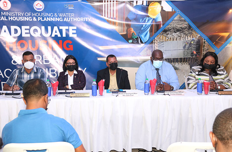 From left: Permanent Secretary,  Andre Ally; Minister within the Ministry of Housing and Water, Susan Rodrigues; Minister of Housing and Water, Collin Croal; CEO of CH&PA, Sherwyn Greaves; and CH&PA Deputy-Director of Community Development, Donell Bess-Bascom