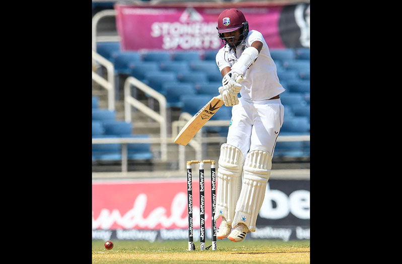 West Indies captain and opening batsman Kraigg Brathwaite plays a defensive shot during his innings of 39 on the fifth and final day of the second Test match between West Indies and Pakistan at Sabina Park, Jamaica in August. (Courtesy CWI)