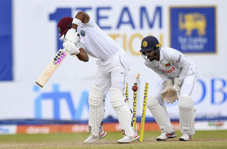 Shai Hope's stumps are shattered as he plays around one vs Sri Lanka, 1st Test, Galle, 4th day, yesterday (AFP/Getty Images)