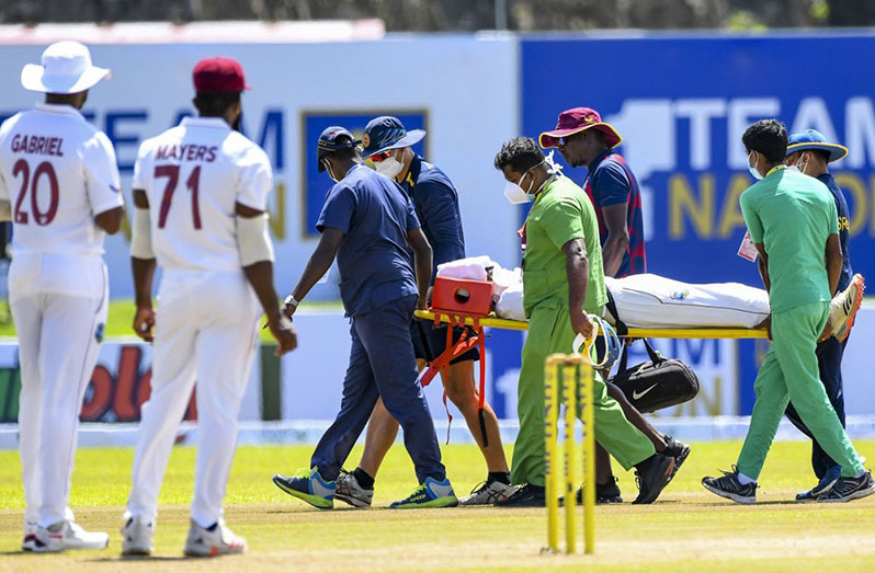 : Jeremy Solozano is stretchered off the field after being hit on the head, Sri Lanka vs West Indies, 1st Test, Galle, 1st day, November 21, 2021 © Getty Images