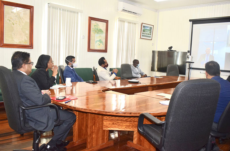 Senior Minister in the Office of the President with responsibility for Finance Dr. Ashni Singh; Minister of Tourism, Industry and Commerce Oneidge Walrond and other local stakeholders engaging officials of the Al Habtoor Group on Tuesday