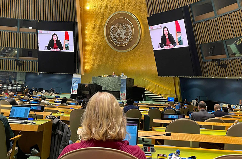 Minister of Human Services and Social Security, Dr. Vindhya Persaud virtually addresses the United Nations General Assembly High-Level Meeting for the appraisal of the Global Plan of Action to combat human trafficking