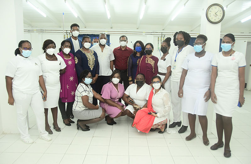 Director-General of the Health Ministry, Dr. Vishwa Mahadeo (centre), with officials, doctors and nurses of the West Demerara Regional Hospital, on Wednesday (Adrian Narine photo)