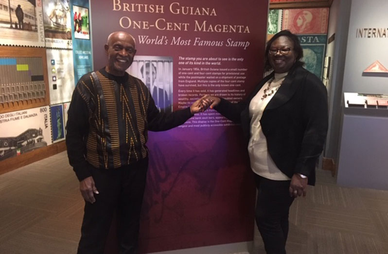 Farrier with Postmaster-General Karen Brown at the American Postal Museum in Washington D.C., USA, when the British Guiana One-Cent Magenta stamp was on display there