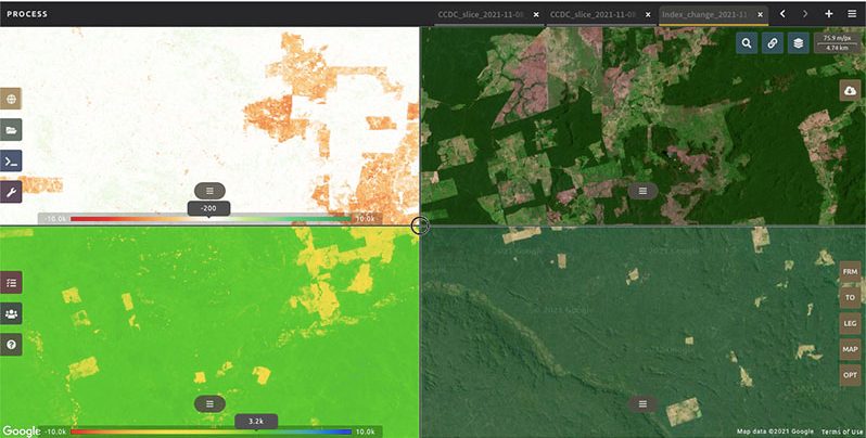 The SEPAL platform’s multi-window interface showing four different themes for a site from the Brazilian Amazon (FAO photo)