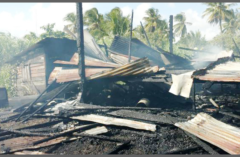 The remains of the flat structure on the Essequibo Coast, which was ravaged by a fire of unknown origin, on Wednesday