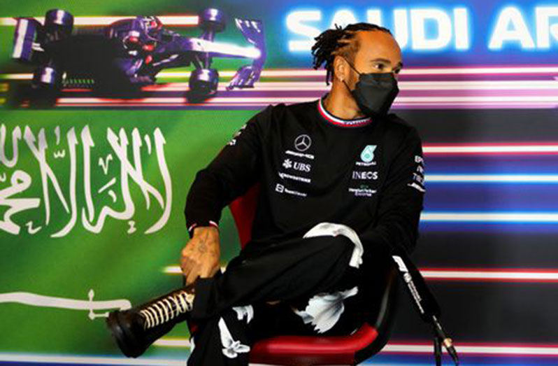 Formula One - Saudi Arabian Grand Prix - Jeddah Corniche Circuit, Saudi Arabia – yesterday; Mercedes' Lewis Hamilton during the press conference (Hassan Ammar/Pool via REUTERS)