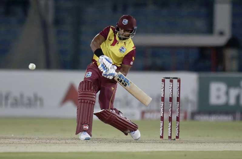 West Indies’ Nicholas Pooran plays a shot during his knock of 64 off 36 balls during the third Twenty20 match against Pakistan in Karachi