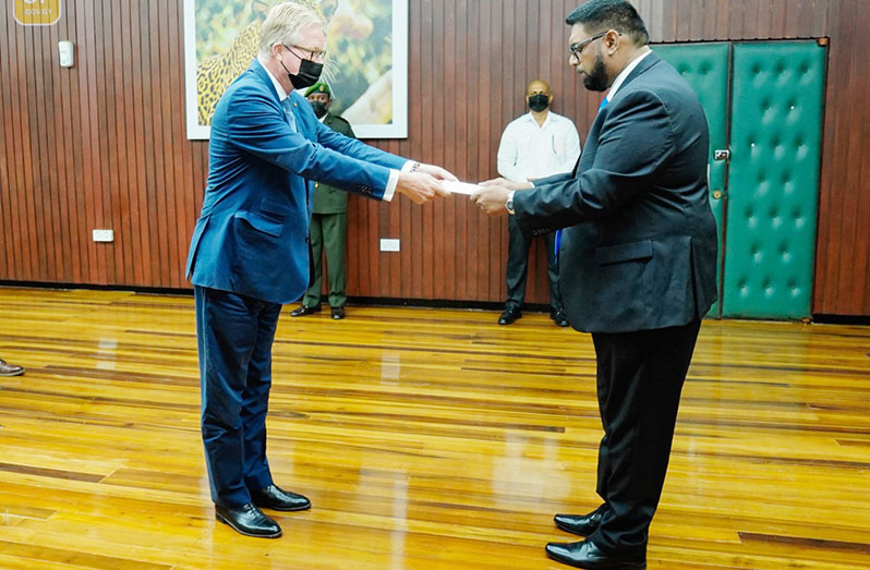 Henk Ary Christian van der Zwan presenting his Letters of Credence to President, Dr Irfaan Ali (Office of the President photo)