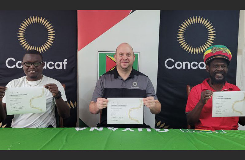 From left: Bryan Joseph, Ian Greenwood and Linsworth Gilbert with their CONCACAF B Licence Certificates (Photo: GFF)