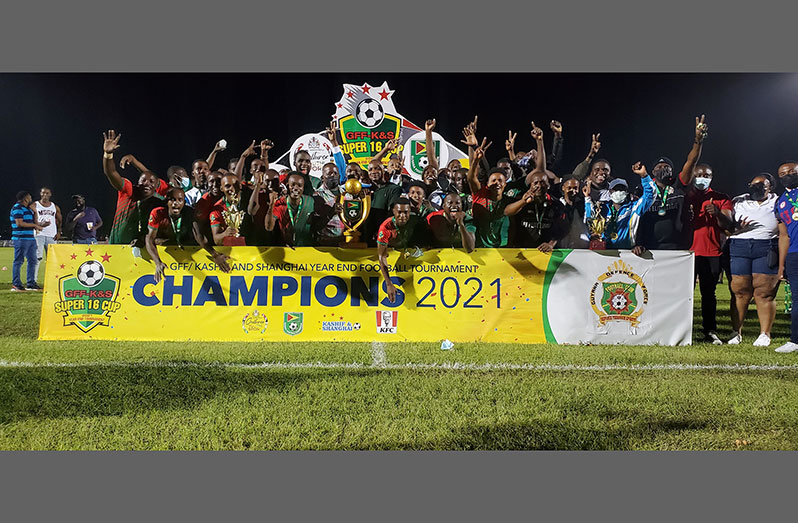 Champions Again! Guyana Defence Force FC celebrate the retention of their year-end football title