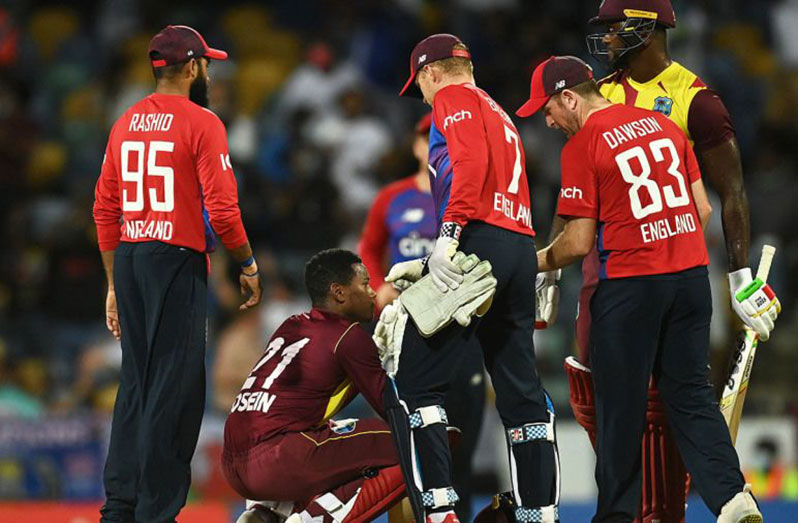 Akeal Hosein cuts a dejected figure after West Indies lost by one run  (Getty Images)