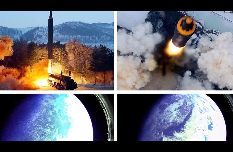 Images released by the North Korean news agency show the missile launch, and pictures taken from the missile in space (BBC/Reuters image)