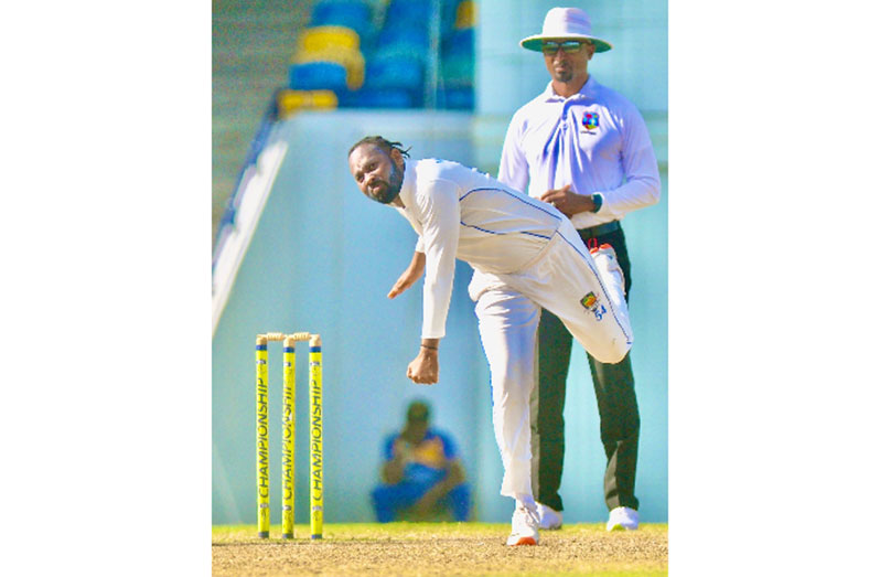 Left-arm spinner Jomel Warrican sends down a delivery during his six-wicket haul (Photo, courtesy CWI Media)