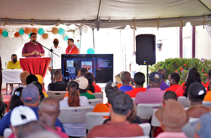 President Dr Irfaan Ali addressing residents of Onverwagt, West Coast Berbice (Latchman Singh photo)