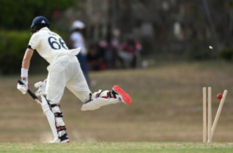England captain Sherman Lewis is yorked by fast bowler Sherman Lewis (out of picture) on Tuesday. (Photo courtesy CWI Media)