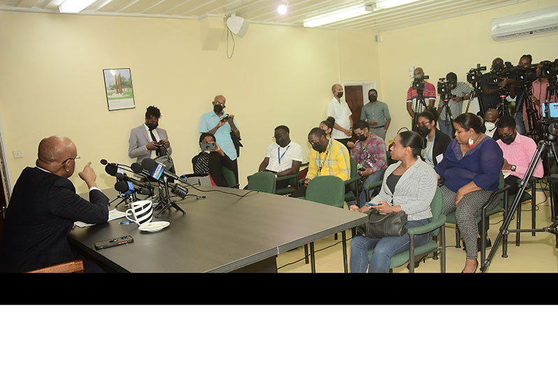 Vice-President, Dr. Bharrat Jagdeo, at a press conference on Friday (Adrian Narine photo)