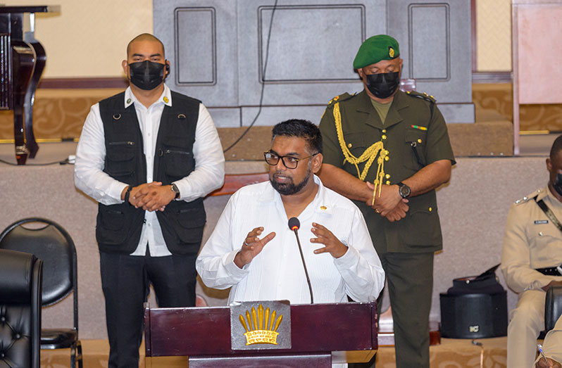 President Dr Irfaan Ali at the opening ceremony of the Police Officers’ Annual Conference at the Arthur Chung Conference Centre on Thursday (Delano Williams photo)