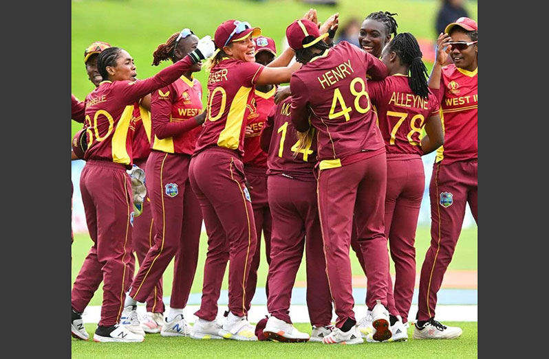 West Indies women’s team celebrates after beating England by seven runs in the ICC Women’s World Cup in Dunedin, New Zealand. (Windies Cricket Facebook page).