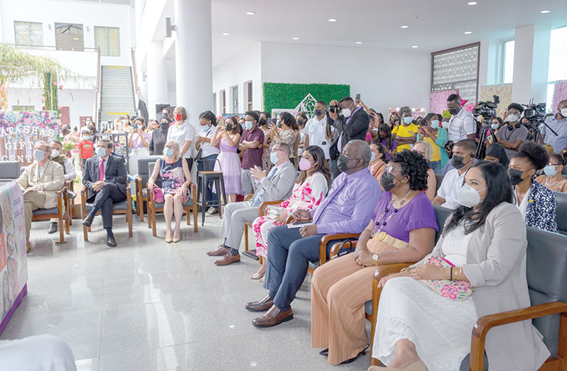 From right: Minister of Human Services and Social Security, Dr. Vindhya Persaud; wife of the Prime Minister, Mignon Bowen-Phillips, and Prime Minister, Brigadier (ret’d) Mark Phillips among those seated during the opening ceremony of ‘We Lift 2’ women in business expo (Delano Williams photo)