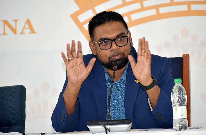 President Dr Irfaan Ali during Sunday’s press conference (Elvin Croker photo)