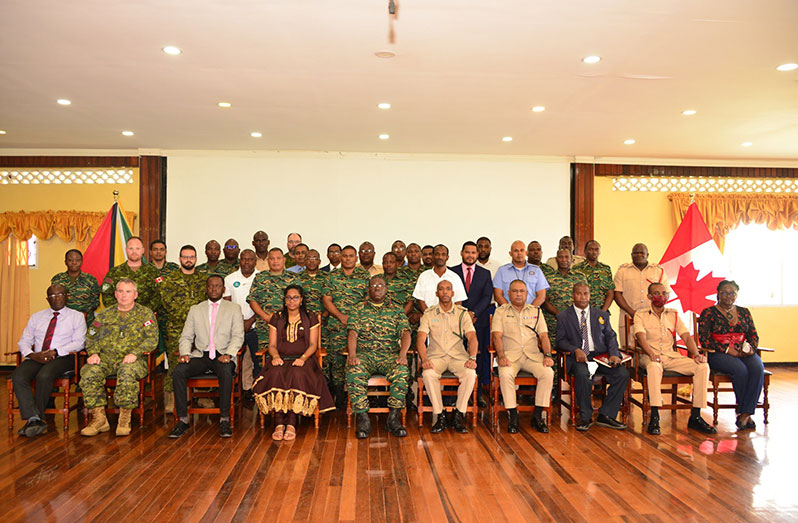 Seated fourth from left: Permanent Secretary of the Ministry of Home Affairs, Mae Thomas. To her left, Colonel Julius Skeete; Director of Prisons (ag), Nicklon Elliot and Deputy Commissioner ‘Operations’ (ag), Ravindradat Budhram with heads of services and representatives of government agencies and course participants (GDF photo)
