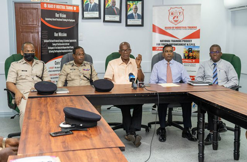Minister of Labour, Joseph Hamilton (centre); acting Police Commissioner, Clifton Hicken (second left); Deputy Commissioner ‘Administration’ (ag), Calvin Brutus (left); Permanent Secretary at the Ministry of Labour, Bishram Kuppen (second right) and Board of Industrial Training (BIT)’s Chief Executive Officer, Richard Maughn (DPI photo)