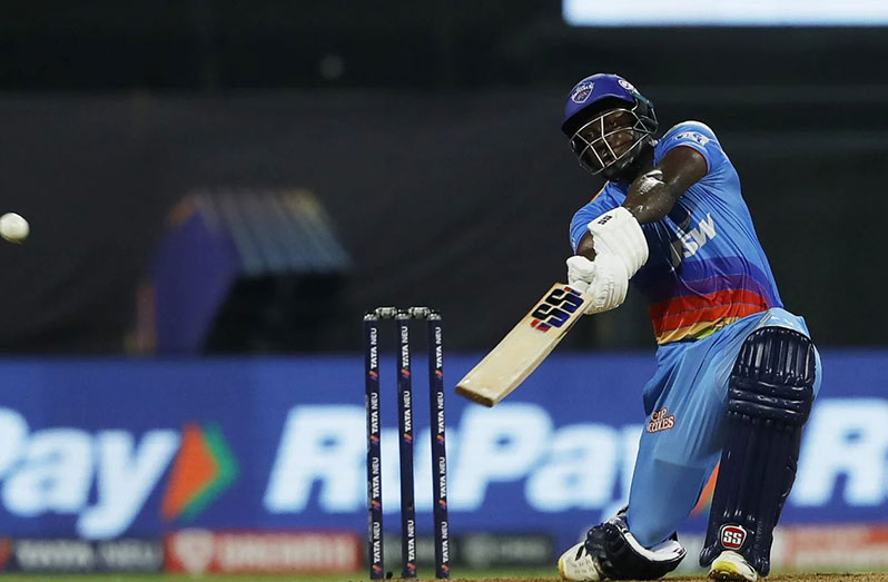 Rovman Powell hits out during his unbeaten 33 for Delhi Capitals yesterday. (Photo courtesy IPL)