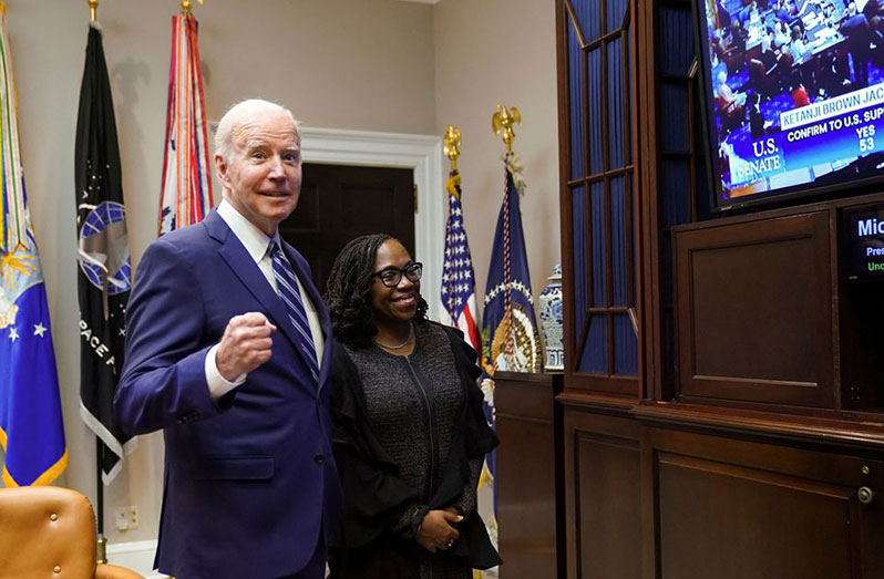 U.S. President Joe Biden and Supreme Court nominee Judge Ketanji Brown Jackson watch as the full U.S. Senate votes to confirm Jackson as the first Black woman to serve on the U.S. Supreme Court, from the Roosevelt Room at the White House in Washington (REUTERS/Kevin Lamarque)