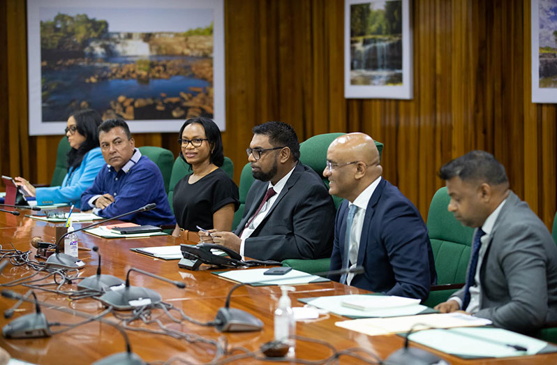 President, Dr. Irfaan Ali; Vice-President, Dr. Bharrat Jagdeo; Minister of Tourism, Industry and Commerce, Oneidge Walrond; Minister within the Ministry of Public Works, Deodat Indar; Chief Executive Officer of Go-Invest, Dr. Peter Ramsaroop and Director of Projects in the Office of the President, Marcia Nadir-Sharma, engage representatives of the Qatari Investment Mission, on Tuesday (Office of the President photo)