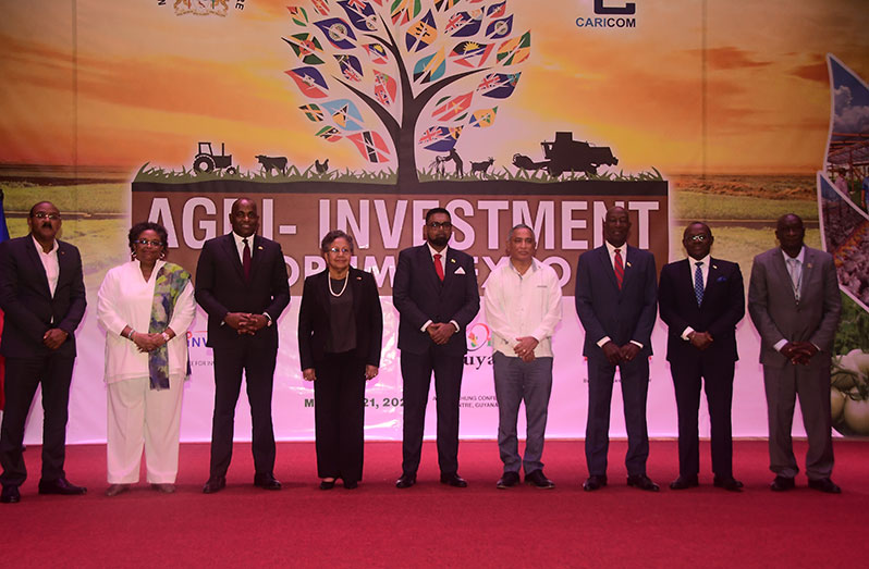 The CARICOM Heads of Government at the opening ceremony of the Agri-Investment Forum and Expo. From left are PM of Antigua and Barbuda, Gaston Browne; PM of Barbados, Mia Mottley; PM of Dominica, Roosevelt Skeritt; CARICOM Secretary General, Dr. Carla Barnett; President. Dr. Irfaan Ali; PM of Belize, John Briceno; PM of Trinidad and Tobago, Dr. Keith Rowley; Deputy PM of The Bahamas, Chester Cooper and Premier of Montserrat, Joseph Farrel (Adrian Narine photo)