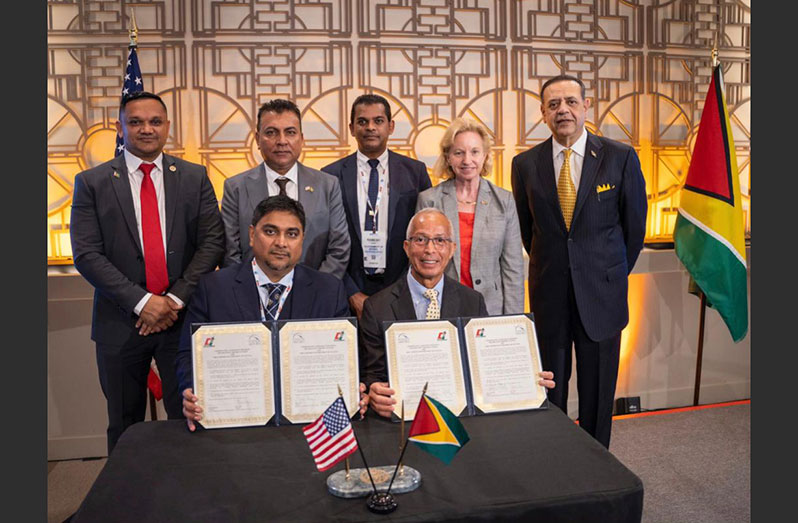 Chairman of the Cheddi Jagan International Airport (CJIA) Board of Directors, Sanjeev Datadin; along with CJIA CEO, Ramesh Ghir; Dr. Peter Ramsaroop, CEO of Go-Invest; Mr. Syed Lutfi Hassan, Guyana’s Honorary Consul General to the Southwest United States; Minister of Natural Resources, Vickram Bharrat; US Ambassador to Guyana, Sarah-Ann Lynch, and a representative of Houston Airport System (HAS) (CJIA photo)