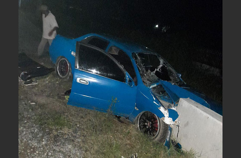 The car at the scene of the crash on the Hand-En-Veldt Public Road, Mahaica, East Coast Demerara