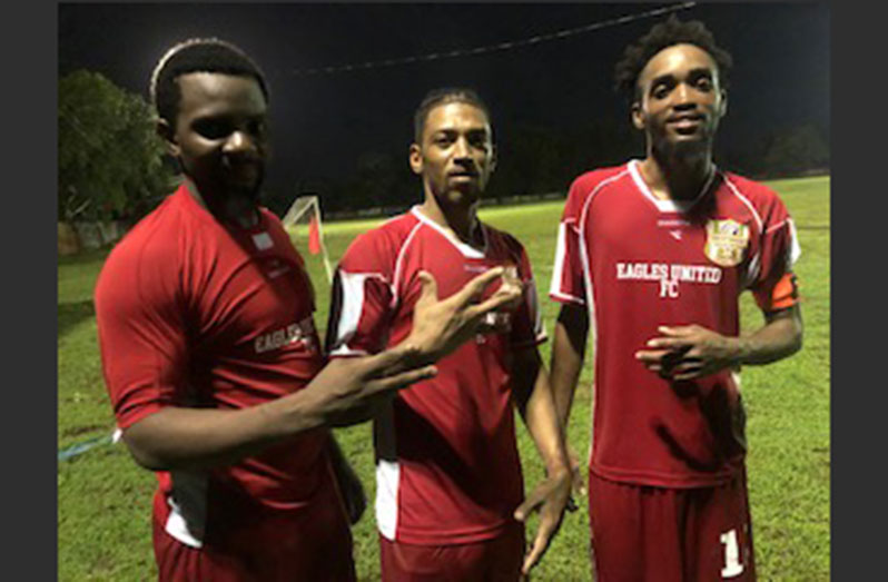 Eagles United's scorers, from left Colwyn Drakes, Deon Charter and Kendolph Lewis