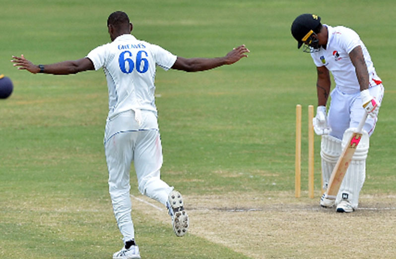 Fast bowler Justin Greaves celebrates after bowling Terrance Hinds on Friday.