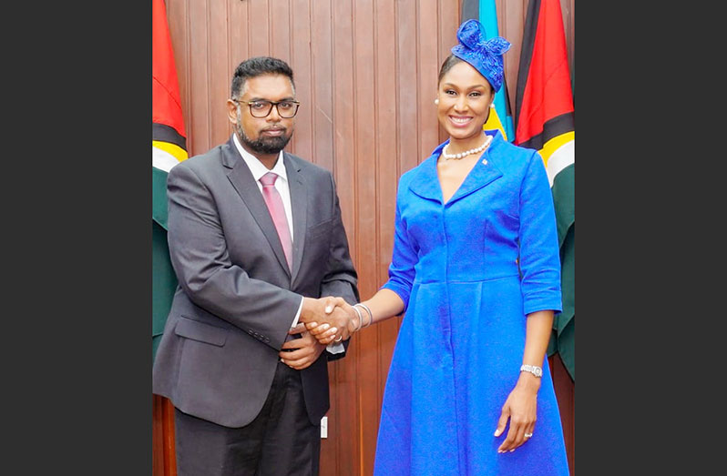 President, Dr Irfaan Ali exchanges a handshake with Non-Resident High Commissioner of The Bahamas, Leslia Miller-Brice (Office of the President photo)
