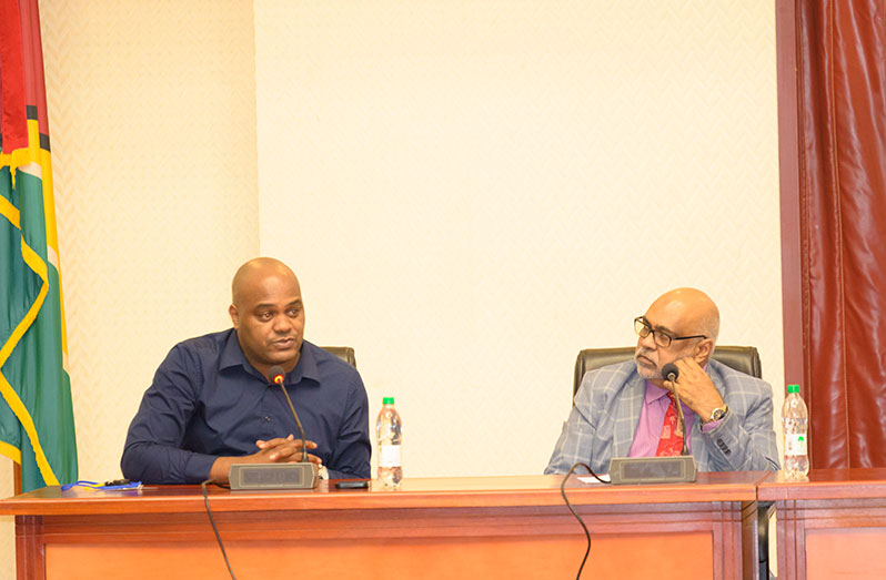 NCN CEO, Neaz Subhan (right) and veteran journalist, Gordon Moseley, during the panel discussion on May 4 (Delano Williams photo)