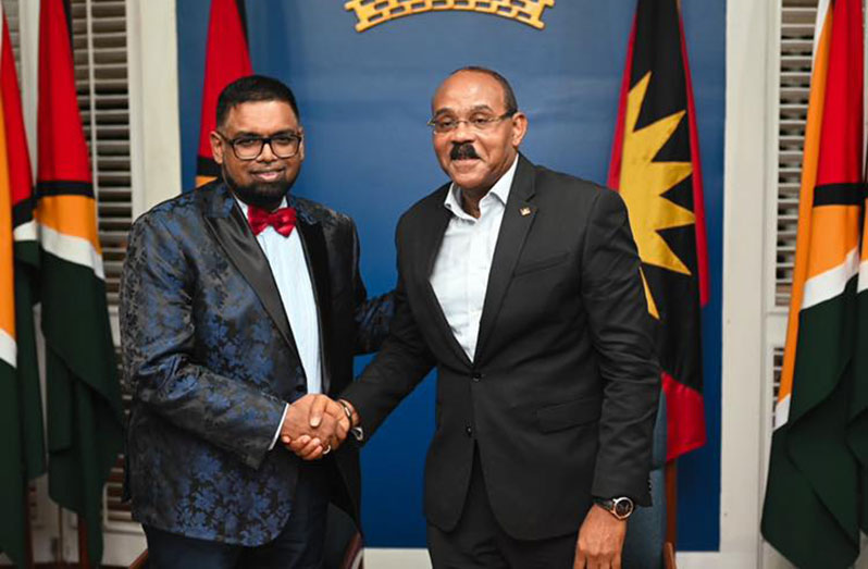 President, Dr Irfaan Ali and Antigua and Barbuda Prime Minister Gaston Browne following the signing of the Memorandum of Understanding (MoU) at State House on Friday (Office of the President photo)